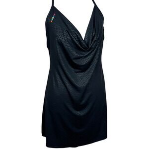 VTG COOGI Y2K Black All Over Logo Cowl Neck Slinky Halter Mini Dress Size S